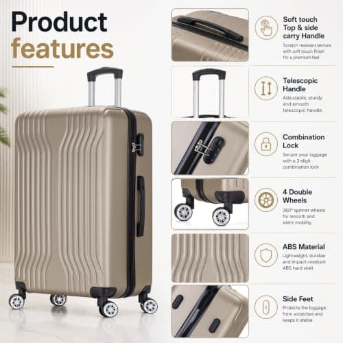 DK Luggage 24" Medium Hard Shell Suitcase 4 Wheel Spinner ABS25 (Gold, 24" Medium) — view 6
