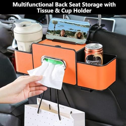 3-in-1 Car Backseat Organizer with Cup Holder, Car Seat Back Organizer, Multifunctional Car Seat Back Storage Box,Headrest Backseat Hanging Storage Box with Hooks for Travel & Daily Use (Beige) — view 3