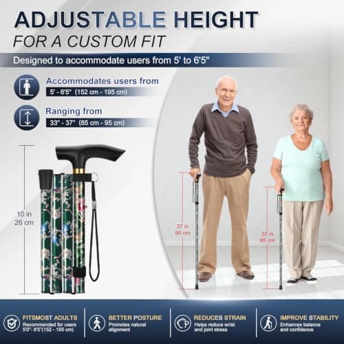 supregear Walking Stick - Adjustable Folding Walking Sticks for Women and Men - Lightweight Portable Collapsible Balancing Aid - Foldable Travel Cane for Ladies Elderly Adults, Green Floral — view 2