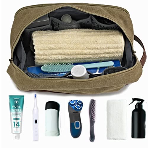 Seemeroad Travel Toiletry Bag for Men and Women, Canvas Toiletry Organizer Water-Resistant Vegan Leather, Hanging Dopp Kit Shaving Bag for Toiletries Accessories (Khaki, Large) — view 5