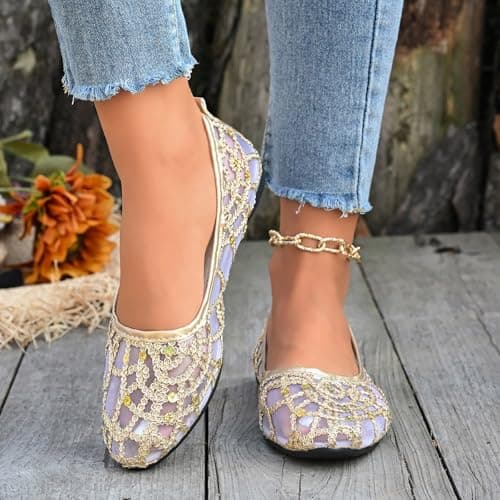 Mesh Ballet Flats for Women Pumps Orthopedic Sequins Dolly Shoes Wide Fit Round-Toe Non-Slip Breathable Summer Ladies Shoes Walking Office Holiday (Gold 7.5 UK/Foot Length 26.5cm) — view 2
