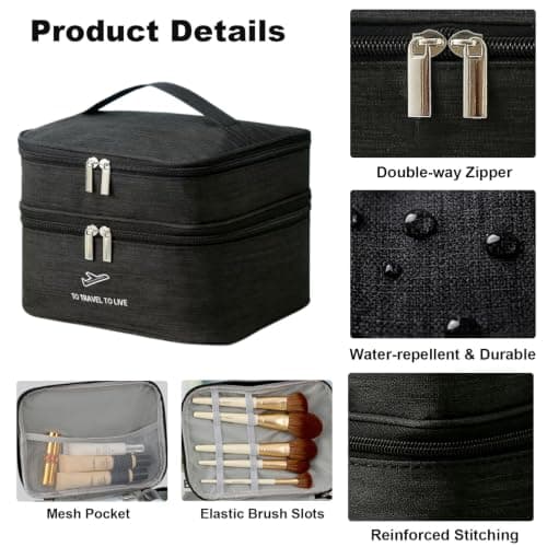 Travel Makeup Bag for Women, Large Capacity 2-Layer Cosmetic Organiser with Makeup Brush Organiser, Water-Resistant Durable Nylon Toiletry Bag, Portable Make Up Bags Case for Travel, Home Use (Beige) — view 6