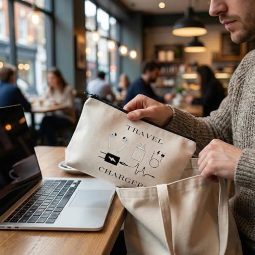 Cable Organiser Bag, Cream Canvas Electronics Pouch With Black Zip, 1-Pack — view 2