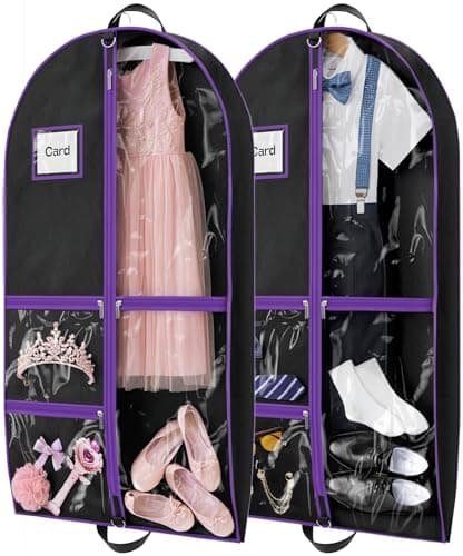 Costume Garment Bags for Dancers, Garment Bags with 3 Clear Zipper Pockets, Clothes Covers Protector Bags for Suits, Travel & Sports Jersey, Cheer Uniform, Cosplay (Purple, 2 Pack (40inches))