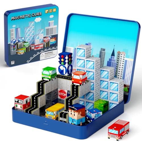 Magnetic Blocks Travel Toy Boys : 49pcs City Traffic Iron Case Road Set