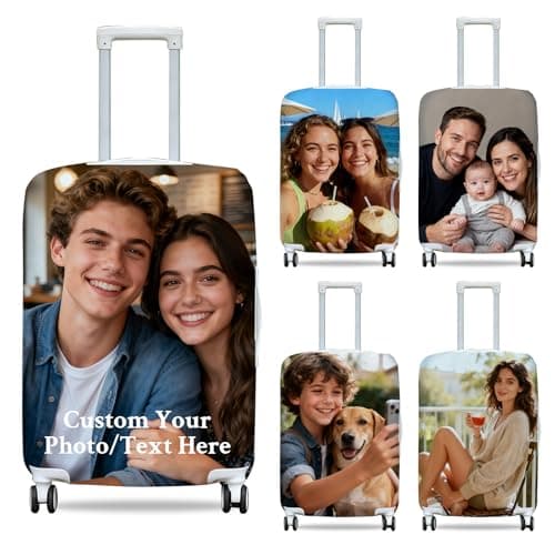 ZEXUPER Personalised Suitcase Covers, Custom Suitcase Cover, Covers for Suitcases Protector – Add Your Photo, Name & Text, Double-Sided Design, Elastic & Washable Travel Luggage Covers