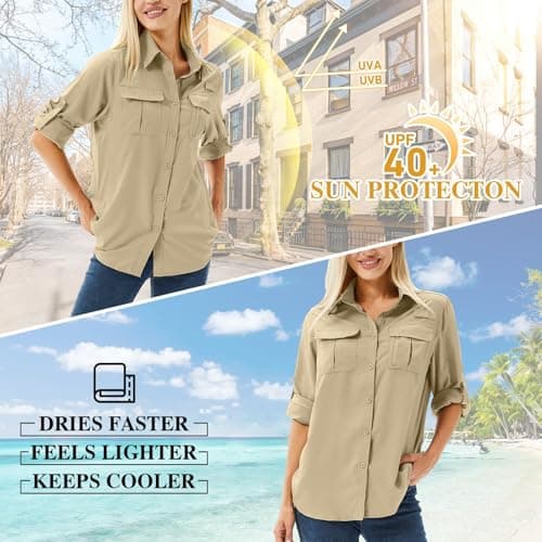 Winebox Women's UPF 50 Shirts Long Sleeve Sun Protection UV Quick Dry Casual Outdoor Safari Walking Fishing Hiking Travel Shirts(Khaki-s) — view 6