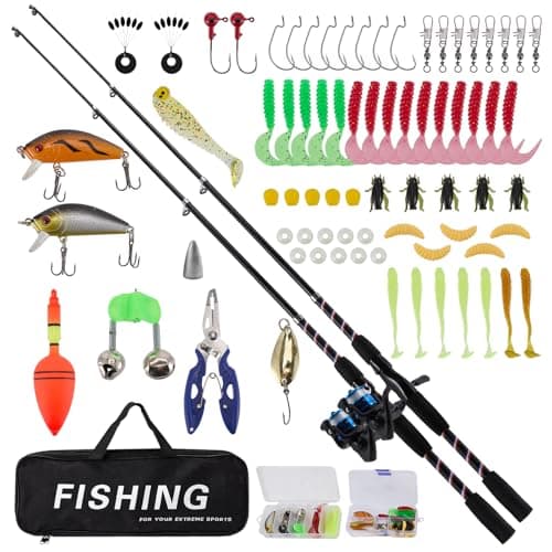 Kids Fishing Rod Set of 2, 1.8M/5.9FT Telescopic Fishing Rod and Spinning Reel Combo with Line, Spinning Reel, Lures Kits, Carry Bag, Travel Fishing Rods for Boys Girls Beginner Starter
