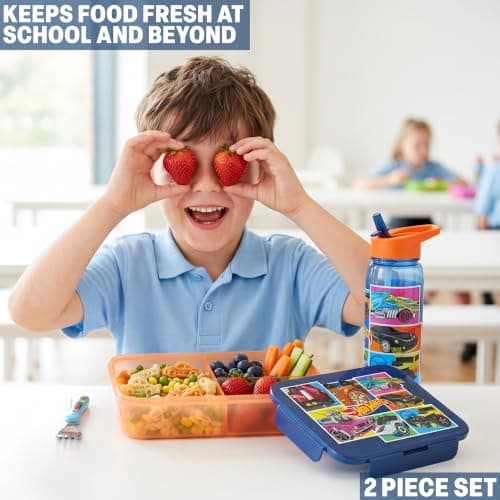 Get Trend Hot Wheels Kids Bento Lunch Box and 640ml Water Bottle Set, BPA-Free Snack Lunch Box with Compartment Set for Travel & Picnics, School Supplies Gifts for Boys (Multi Hot Wheels) — view 3