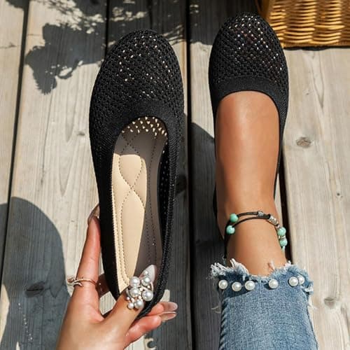 Comfort Cushioned Wide Fit Ballet Flats Women Breathable Stretch Knit Slip On Foldable Flat Shoes Multi Occasion Wear Black size 6 — view 3