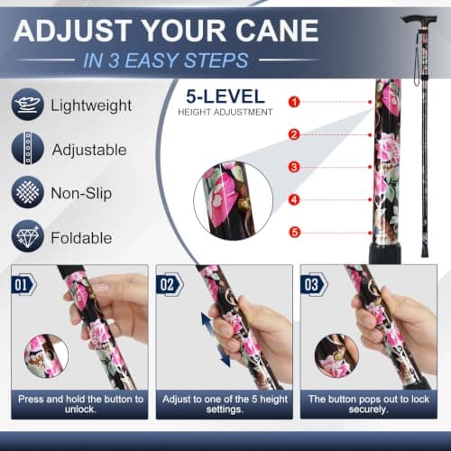 supregear Walking Stick - Adjustable Folding Walking Sticks for Women and Men - Lightweight Portable Collapsible Balancing Aid - Foldable Travel Cane for Ladies Elderly Adults, Black Floral — view 3