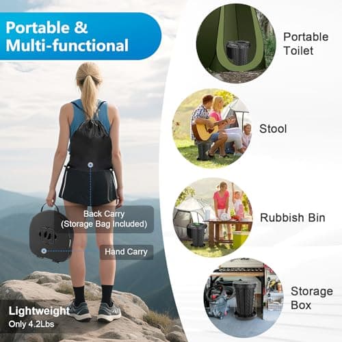 Upgrade Retractable Portable Toilet for Adults - 18.6"H Adjustable Height Camping Tall Toilet, XL Travel Folding Toilet with Lid and Paper Holder, Compact Potty for Car, Hiking, Beach and Camping — view 4