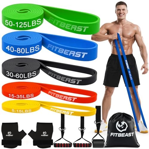 FitBeast Resistance Bands Set, Exercise & Pull Up Bands with Gloves & Door Anchor for Strength Training, Home Workouts (Yellow, Red, Black, Blue, Green)