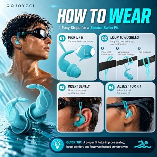 Waterproof Swim Earplugs for Adults - 4 Pairs Waterproof Silicone Ear Plugs with Removable Cord, Two Wearing Styles, Attaches to Goggles, Reusable for Pool, Surfing — view 3