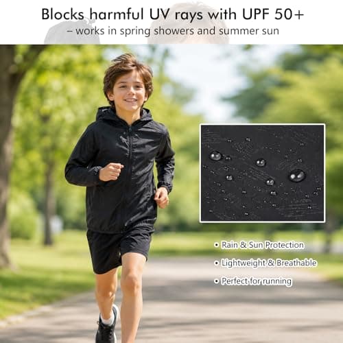 Kids Waterproof Jacket – Lightweight Packable Raincoat for Boys & Girls, UPF 50+ Sun Protection with Carry Pouch – Ideal for Hiking, Camping & School (UK, Age, 6 Years, 7 Years, Regular, Black) — view 5