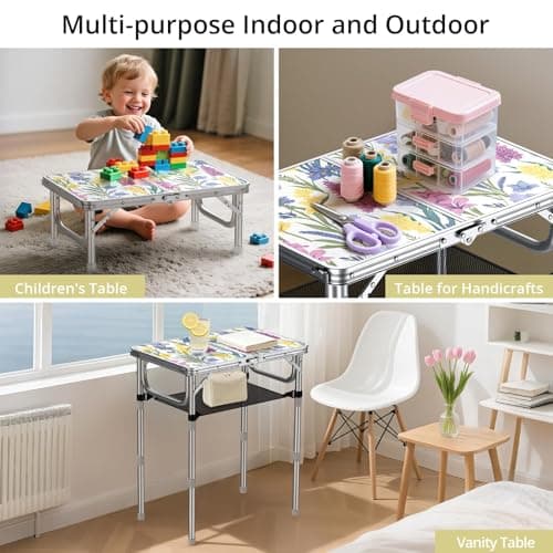 Anbte 2ft Folding Camping Table Max 70cm, 3 Adjustable Height Picnic Table with Storage Net Lightweight & Portable with Carry Handle, for Outdoor Indoor Camping Beach BBQ RV, Blooming Floral — view 6
