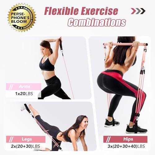 ALongSong Pilates Equipment Pilates Reformer Bar Set With 6 Resistance Bands 20/30/40lbs, Door Anchor & Hook Fitness Equipment for Full-Body Toning & Muscle Building | Home Workout/Gym/Travel Use — view 2