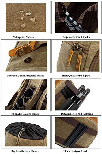 YUHAN Camera Bag, Canvas SLR DSLR Camera Backpack Large Capacity Front Open Waterproof Anti-shock Camera Rucksack Camera Travel Bag Professional Camera Lens Organizer Khaki — view 6