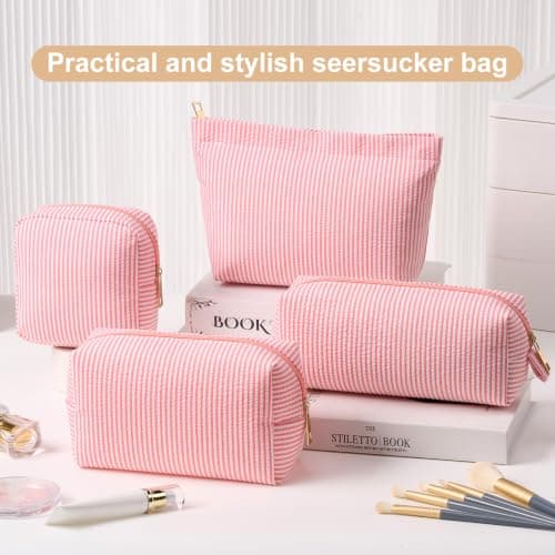 Sanwuta 4 Pcs Seersucker Pouch Striped Makeup Bag Set, Coral Pink — view 3
