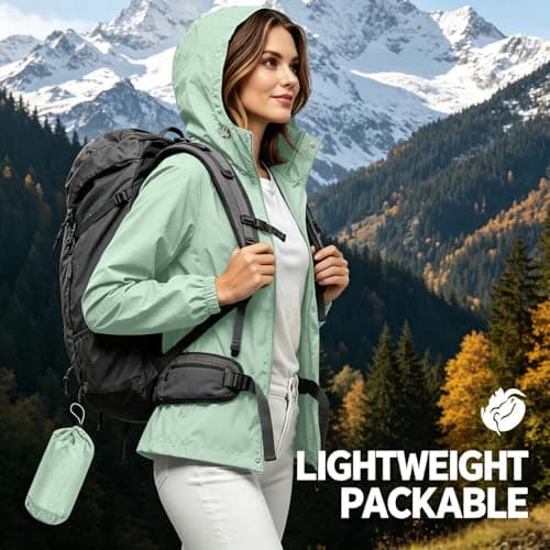 Meeyuioe lightweight waterproof jacket ladies Womens Waterproof Jacket Lightweight Packable Rain Jackets Hooded Casual Outdoor Windbreaker Hiking Walking Travel Raincoat Green L — view 5