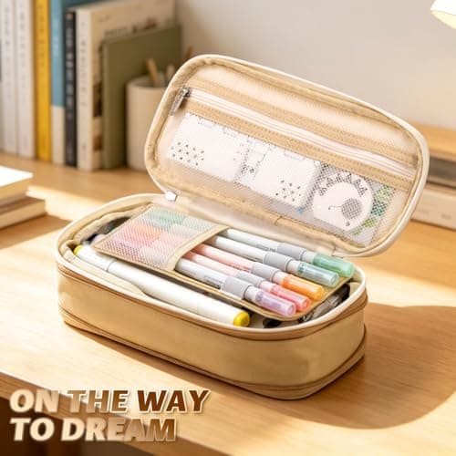 EASTHILL Big Capacity Pencil Pen Case Office College School Large Storage High Capacity Bag Pouch Holder Box Organizer Khaki — view 6