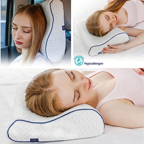 alkamto Travel Pillow - Ergonomic Neck Support Memory Foam with Temperature-Regulating Pillowcase - Includes Extra Cotton Cover and Carry Bag (13.7 x 11.8 x 3.9/3,14 In - White + Extra Cover) — view 5