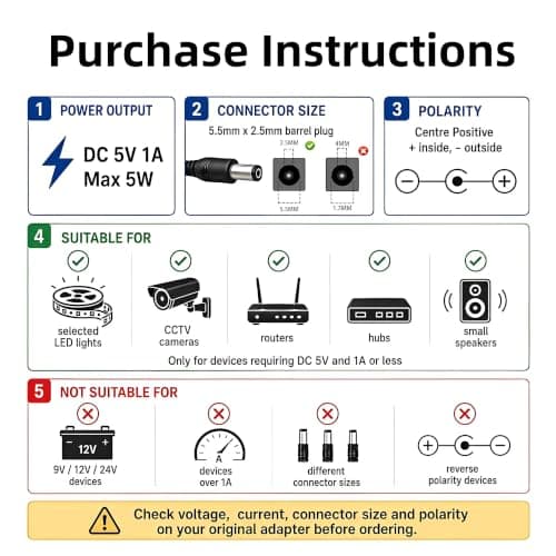 5V 1A Power Supply Adapter AC to DC, 5V Charger 5.5mm X 2.5mm Plug with 1m Cable, AC Adapter 100-240V 50 60HZ, Safety Universal Adaptor for LED Strip Light CCTV Router Speakers — view 2