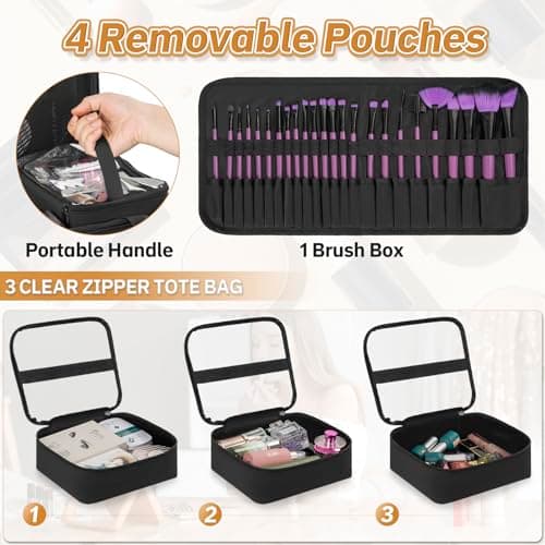 FREEAMG Extra Large Rolling Makeup Bag with 4 Removable Pouches, Professional Make up Train Bag with Wheels, Travel Cosmetic Bag for Hairstylists Makeup Artist with Detachable Trolley, Black, L, Only — view 3