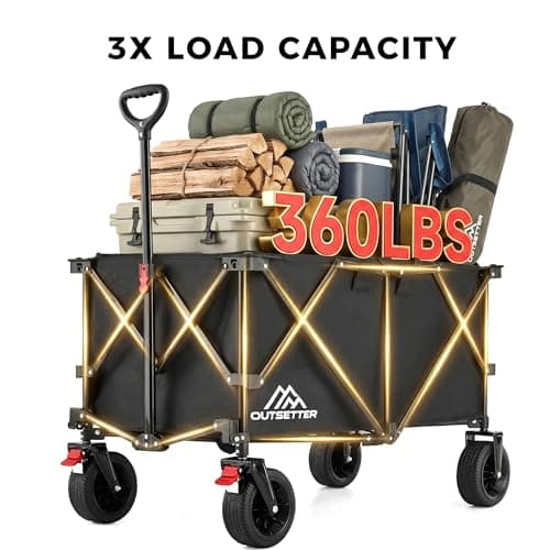 200L Heavy Duty Folding Camping Trolley on Wheels, Large Capacity Festival Wagon Cart with Wide All-Terrain Wheels, Cover & Adjustable Handle for Beach, Garden, Picnic, Outdoor, Shopping — view 4