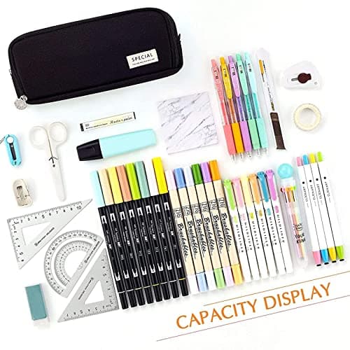 Pencil Pouch,Aesthetic Zipper Pencil Bag Pen Case, Multi-Slot Large Students Adults Stationery Pouch 3 Compartment Organizer for Back to School Office Supplies (Black) — view 3