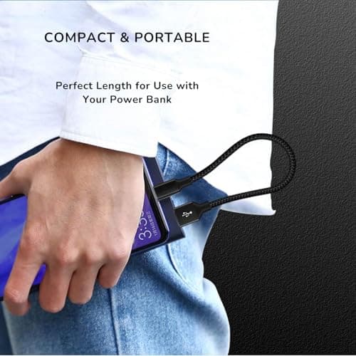 pluX USB A to USB C Cable 0.25m - Short 3A Fast Charging Lead with 480Mbps Data Sync, Portable Power Bank Cable for Samsung Galaxy S21 S20, Z Flip, Pixel, iPad Mini, Android Auto, Black (25cm) — view 2