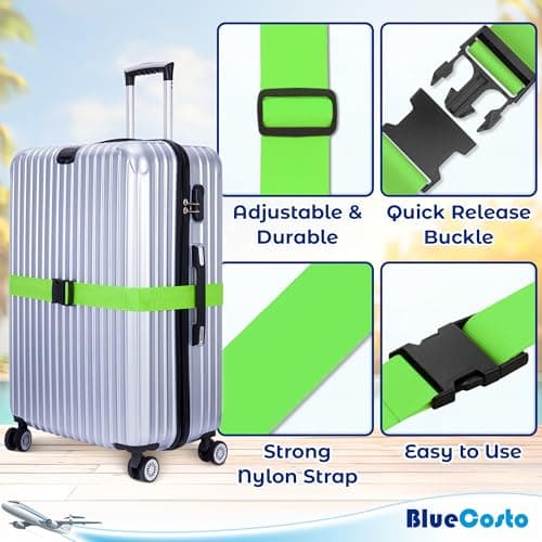 Luggage Straps for Suitcase - Neon Green, 1.9m x 5cm, 4 Pack - Strap for Suitcases - TSA Approved by BlueCosto — view 2