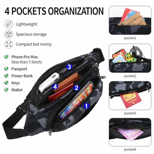 Waterproof Bumbags Waist Fanny Pack Running Belt Ladies Fashion Bum Bag with Adjustable Belt for Sport Running Hiking Jogging Travel Dog wolking Women Men (01CamoBlack) — view 2