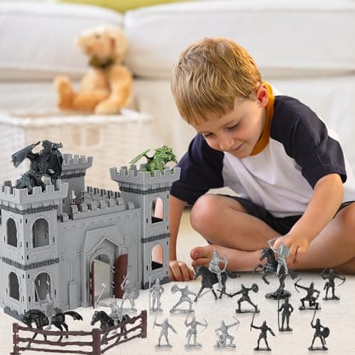 deAO Ancient Military Soldier Set for Kids, 76 PCS Medieval Castle Knight Army Men Toys Playset with Castle, Soldiers, Shield Cart, Ladder, Flying Dragon and Battlefield Accessories for Boys and Girls — view 2