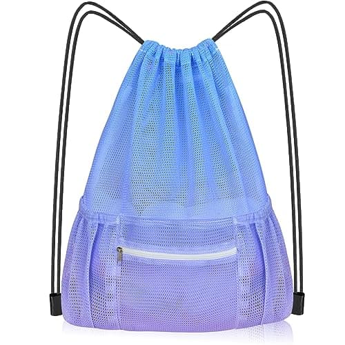 Mesh Drawstring Bag with Zipper Pocket, Beach Bag for Swimming Gear Backpack Gym Storage Bag for Adult Kids