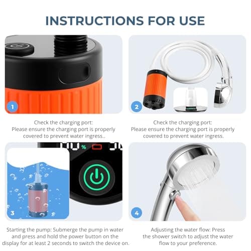 Portable Camping Shower, 7800mAh Rechargeable Camping Shower Pump with Intelligent LED Display, Rechargeable Battery Shower Pump, IPX7 Waterproof for Camping, Hiking, Traveling — view 6