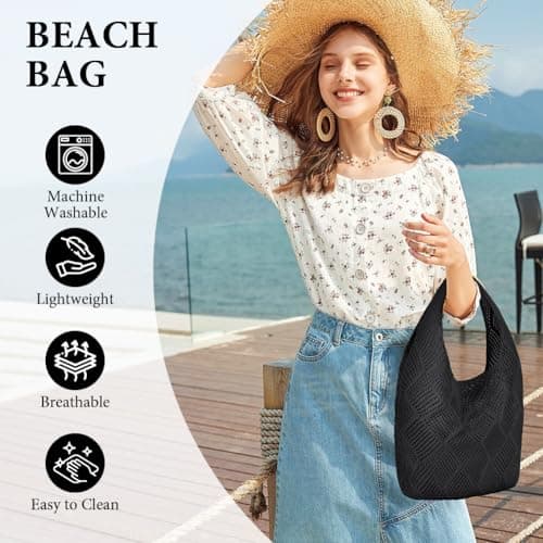 Aucuu Women Knitted Handbags, Retro Hollow Woven Shoulder Bags, Boho Shoulder Bag, Crochet Mesh Tote Bag, Beach Bag for Women, Travel Shopping Handbag for Holiday, Daily Work, Shopping, Travel-Black — view 6