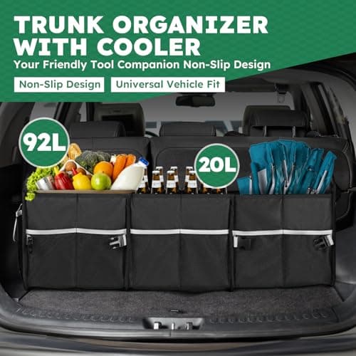 Tonmifr Car Boot Organiser with 20L Fresh-Keeping Bag, Heavy-Duty 600D Oxford Collapsible Tidy for SUV/Hatchback/Estate, Large Capacity Organiser (92L + 20L), 2 Securing Hooks & Reflective Strips — view 2