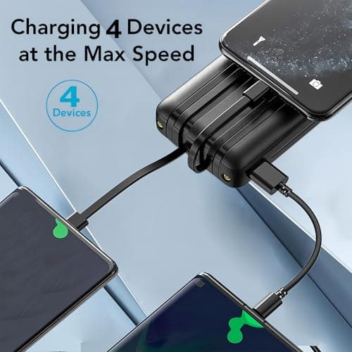 Power Bank Built-in Cable, 20000mAh Fast Charging Portable Charger with Flashlight & 4 Outputs,USB C External Battery Pack for iPhone 16 15 14 Android and More (Black) — view 4