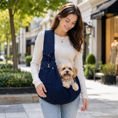 Puppy Sling Carrier for Small Dogs - Breathable Reversible Pet Sling with Storage Pocket, Hands-Free Dog Carrier for Travel/Shopping/Walking, Comfortable Cat & Puppy Sling (Navy blue) — view 2