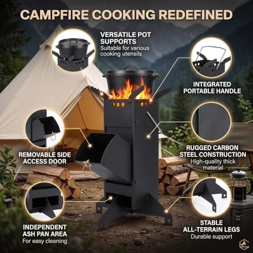 Crystals Heavy Duty Rocket Wood Burning Stove, Portable Camping Cooking Stove for Outdoor Cooking, Compact Metal Rocket Stove for Camping, Hiking and Fishing — view 3