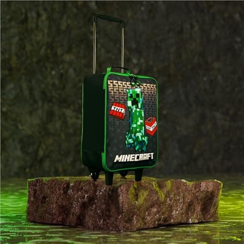 Minecraft Kids Suitcase for Boys and Girls Foldable Trolley Hand Luggage Bag Carry On Gamer Travel Bag with Wheels Size Cabin Bag Wheeled Bag with Handle Trolley Suitcase Boys, Black/Green — view 5