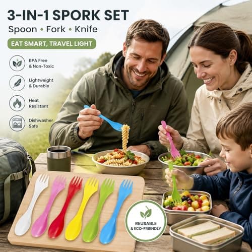 6 Pack Spork 3-in-1 Camping Cutlery Set Reusable Spoon Fork Knife Portable Travel Utensils BPA Free Lightweight Plastic Outdoor Picnic Hiking Backpacking Accessories for Adults Kids — view 5
