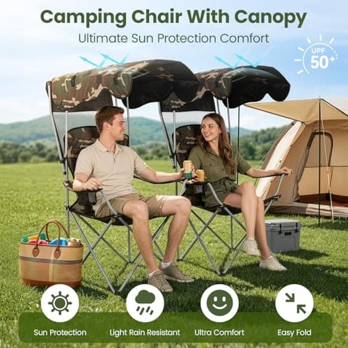 GoDyna Portable Camping Chair with Canopy Shade Folding Outdoor Chair with Cup Holder Heavy Duty Waterproof Beach Fishing Lawn Chair for Camping Picnic Garden Patio Support 175kg (Camouflage) — view 3