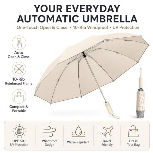 SFDRANVEX Automatic Compact Travel Umbrella Windproof Folding UV Sun Protection Lightweight Strong Frame(​Light Khaki) — view 2