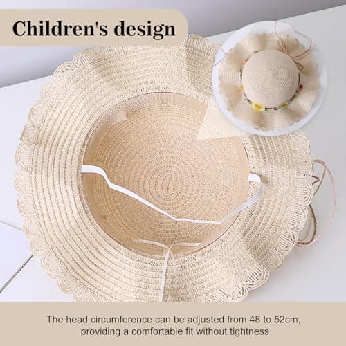 Nievajio 3 Pieces Girls Sun Hat and Straw Knitting Bag, Kids Sun Protection Set, Summer Sun Hat with Flower Decoration for Tourism, Holiday, Travel, Beach, Outdoor Activities — view 4