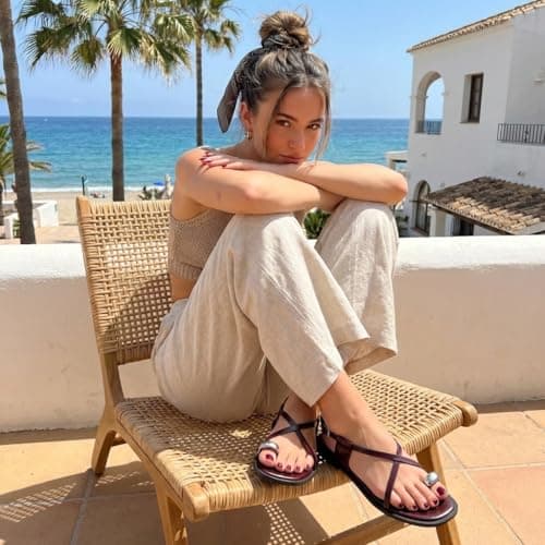 CUSHIONAIRE Corfu Flat Sandals for Women 2025 – Strappy Design with Toe Loop and Adjustable Ankle Strap – Lightweight Summer Dress Sandal, Burgundy, 9 UK — view 2