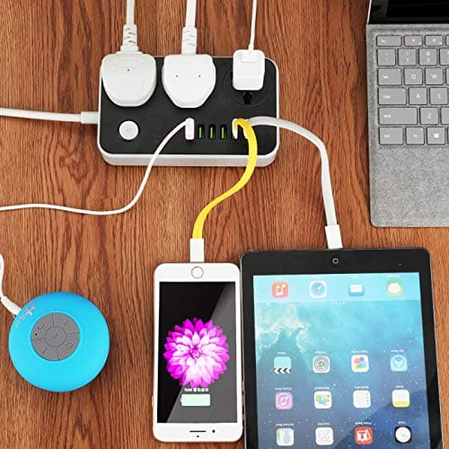 Hulker Extension Lead with USB Ports 3 Way Outlets 6 USB Ports Surge Protection UK Socket with Bold Extension Cord with Fuse and Shutter Power Strips Universal Socket, Black and Grey — view 4