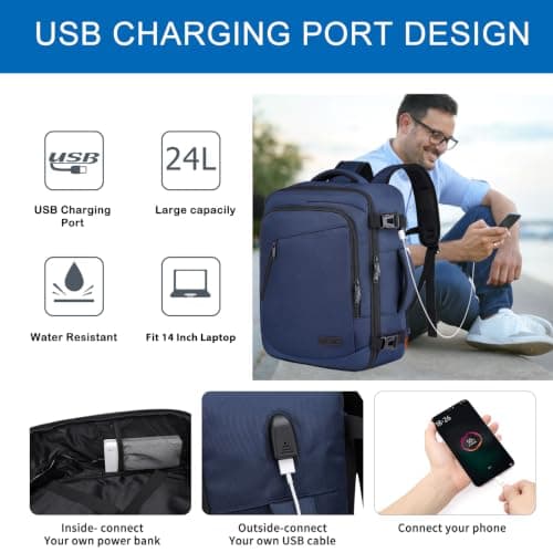 for New Ryanair Cabin Bags 40x30x20 Underseat 24L Small Travel Backpack Cabin Size Rucksack for Plane Hand Luggage Backpack Flight Bag Ryan Air Cabin Bag Fit 14 Inch Laptop with USB Charging Port-Blue — view 3