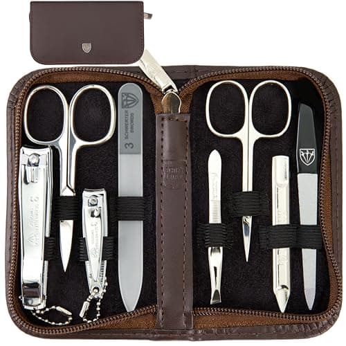3 Swords Germany - brand quality 8 piece manicure pedicure grooming kit set with brown genuine leather case - Made by 3 Swords